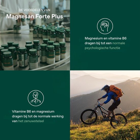 Collage met flesjes, iconen en een man op een mountainbike. "De voordelen van Magnesan Forte Plus".