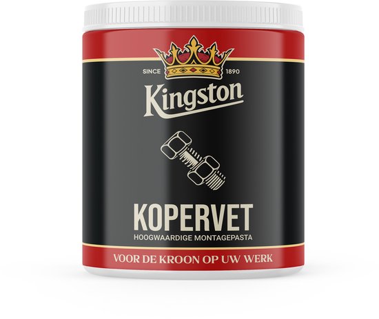 Kingston Kopervet hoogwaardige montagepasta. Zwarte pot met rode en gouden details. "VOOR DE KROON OP UW WERK".