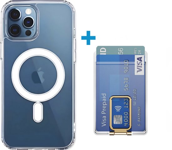 Étui de téléphone transparent avec un cercle MagSafe et un porte-cartes magnétique pour 2 cartes de crédit.