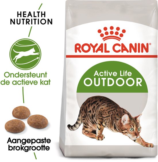 Royal Canin Active Life Outdoor kattenvoer, met een actieve Bengaal op de verpakking. Ondersteunt de actieve kat.