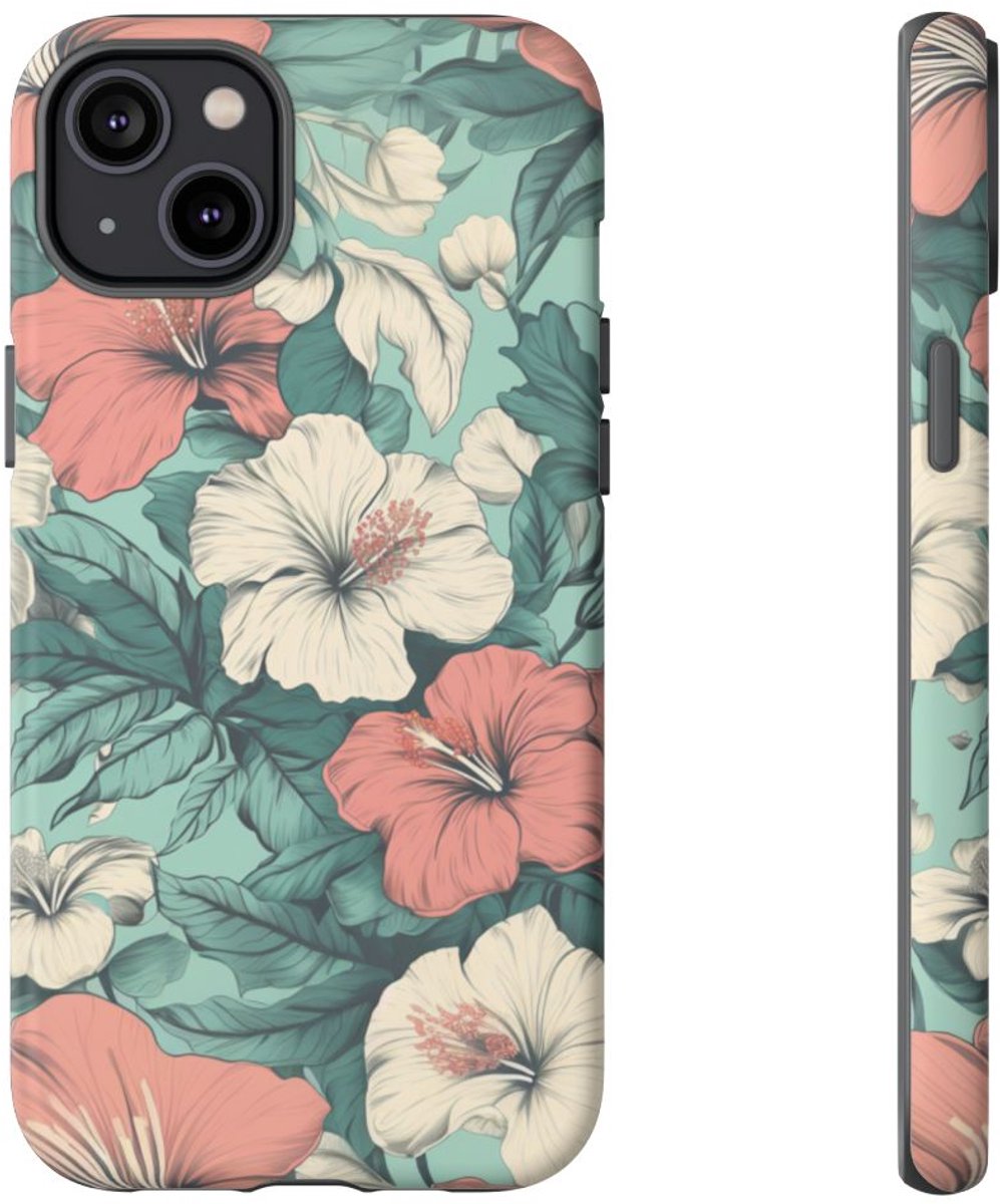 Pastel Hibiscus Bloemenpatroon – Telefoonhoesje Geschikt voor iPhone 14 Plus
