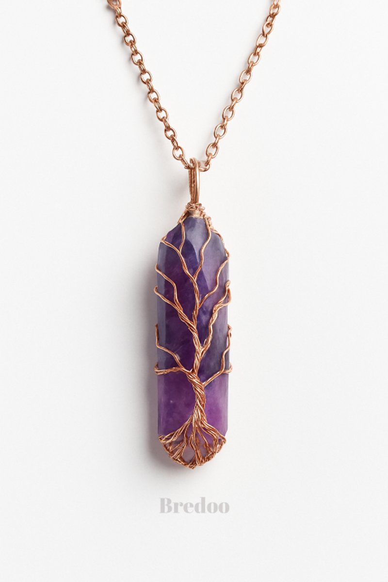 Amethist dames ketting - Edelsteen hanger - wrapped in koper - Tree of life - Bohemian stijl - Dubbeleinder kristal - Edelstenen en mineralen