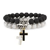 Set van 2 elastische kralen armbanden met kruisbedels voor heren en dames – zwart en wit gemarmerd ontwerp met ronde kralen