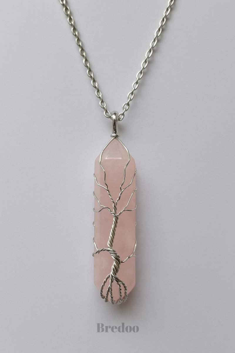 Rozenkwarts dames ketting - Bredoo Edelsteen Hanger - Kristal Wrap - Tree of Life - Dubbeleinder - Bohemian stijl - Edelstenen en mineralen