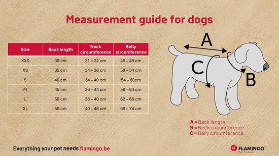 Maattabel voor honden met illustratie die ruglengte (A), nekomtrek (B) en buikomtrek (C) aangeeft.