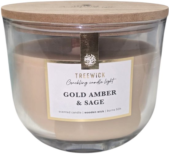 Geurkaars met houten lont, Geur kaars, Gold Amber & Sage, Treewick,