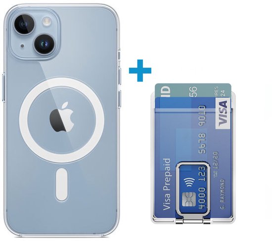 Coque transparente MagSafe pour iPhone, avec un porte-cartes argenté séparé pour deux cartes.