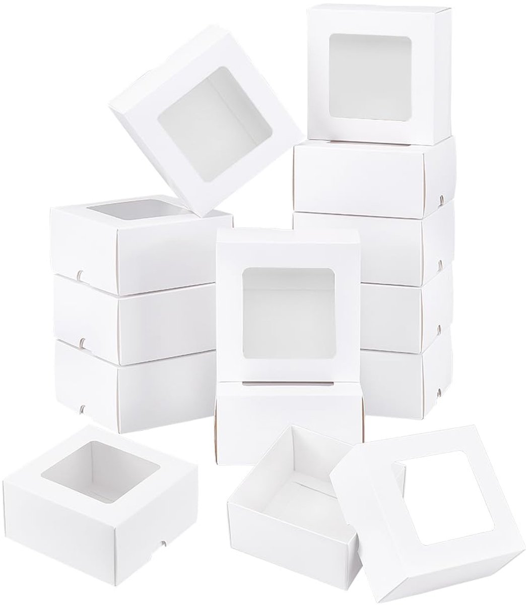 12pcs Kraft Papier Cadeaubox met Duidelijke Venster - 10x10x5 cm - Stevige Verpakking voor Huismatch, Bruiloft en Feestjes