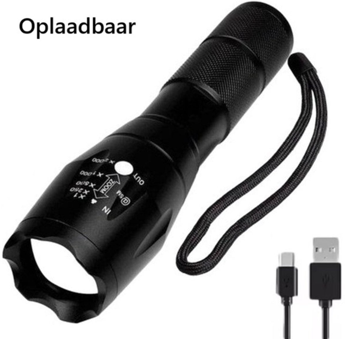 TLVX Felle Oplaadbare Zaklamp LED 1800 Lumen – Sterke Militaire en Uitschuifbare Metalen Zaklamp – Zoomfunctie – Waterdicht – Voor Kinderen en Volwassenen – Scouting – Bos – Camping – Vakantie – Survivallen – Veiligheid – Ingebouwde Accu – Compact