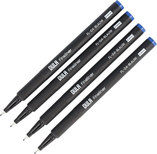 Vier zwarte DULA Fineliners met blauwe dop en clip, elk met '0.4mm' op de dop.
