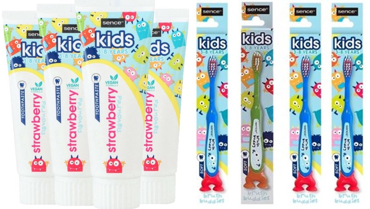 Sence Tandpasta Kids Aardbei - 4 x 75 ml & 4 Sence Kindertandenborstels Brush Bunnies - Voordeelpakket