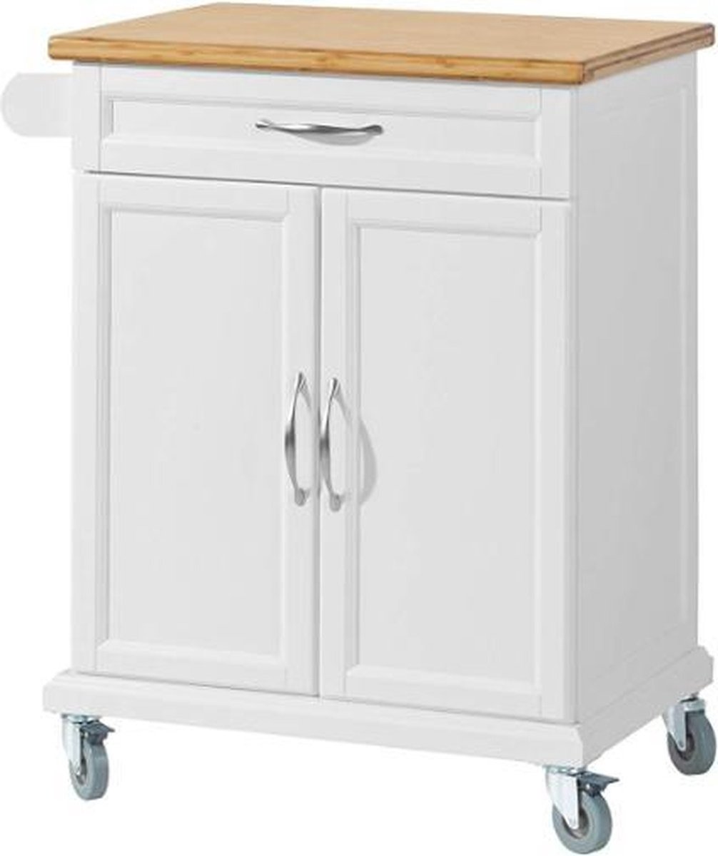 WNHB® Serveerwagen Keukenkast - Met Handdoekenrek en Opbergruimte - MDF Wit Lichtbruin - 66x91x46 cm