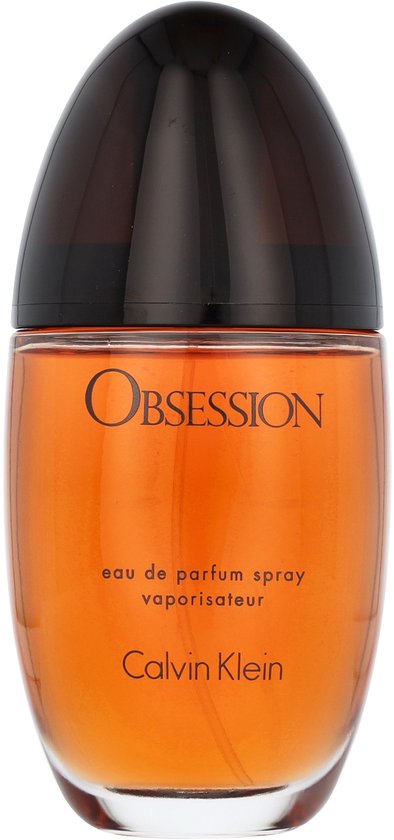 Calvin Klein Obsession eau de parfum spray met amberkleurige vloeistof en bruine dop.