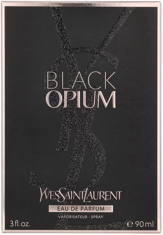 Zwarte flacon met glitterafwerking, 'BLACK OPIUM' in reliëf, YVES SAINT LAURENT EAU DE PARFUM.