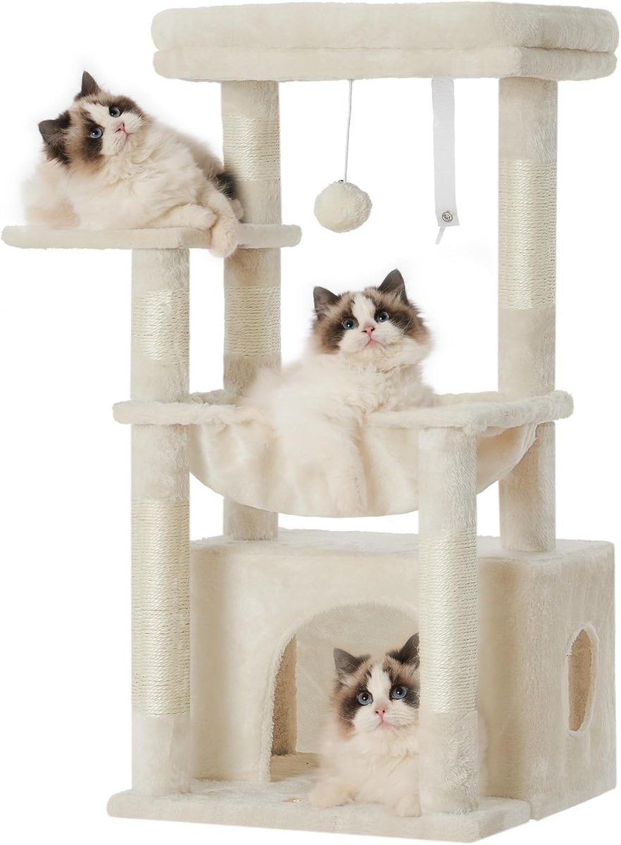 Retadou – Krabpaal, kattenboom met extra grote, zachte kattenmand, kattenkrabpaal met ruim kattenbed en verborgen slaapplaats, robuuste sisal-krabzuilen, beige