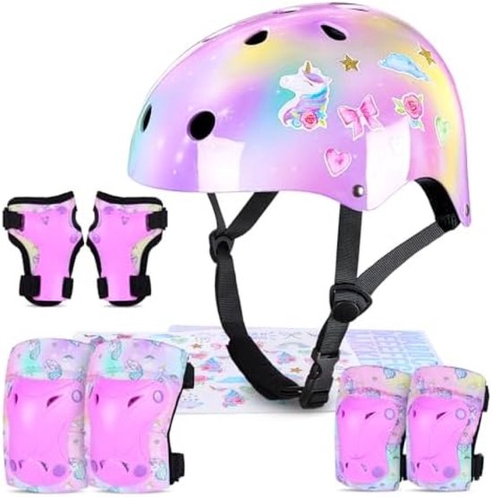 Kinderhelm en Beschermers Set met DIY Stickers - Eenhoorn Thema - Volledige Beschermingsuitrusting voor Fietsen, Skateboard, Scooter en Rolschaatsen - Geschikt voor Kinderen 3-8 Jaar - Verstelbaar en Ademend
