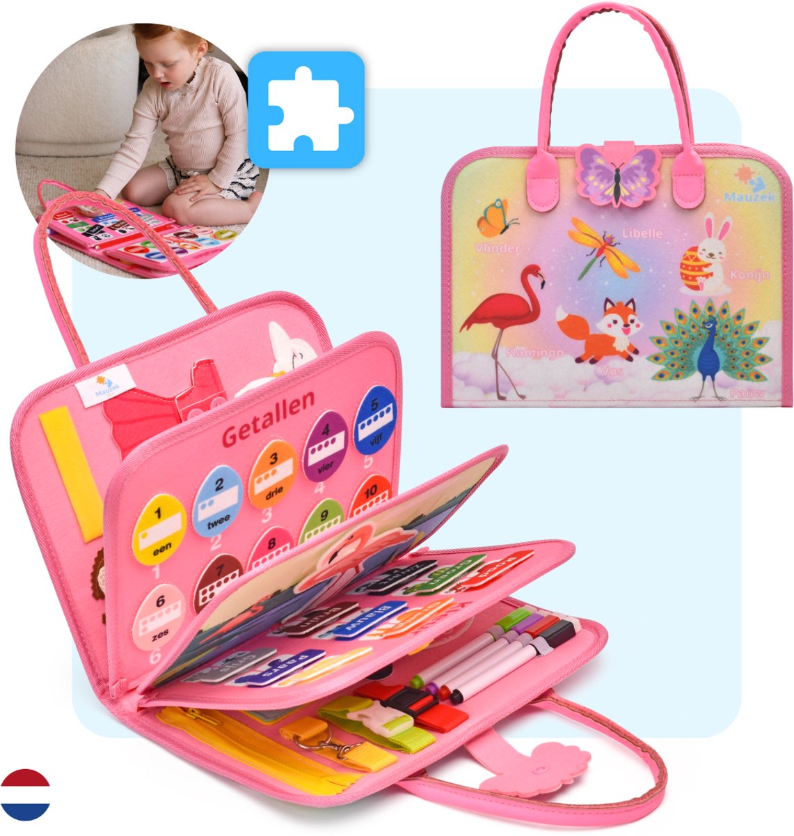 Mauzek® Busy Board Fantasie - Nederlands - Montessori speelgoed - Activiteitenboek - Busy Book - Sensorisch speelgoed - Educatief speelgoed - Meisjes - Peuter Speelgoed - Voor in de auto - Voor onderweg - 3 jaar - 4 jaar - 5 jaar - 6 jaar