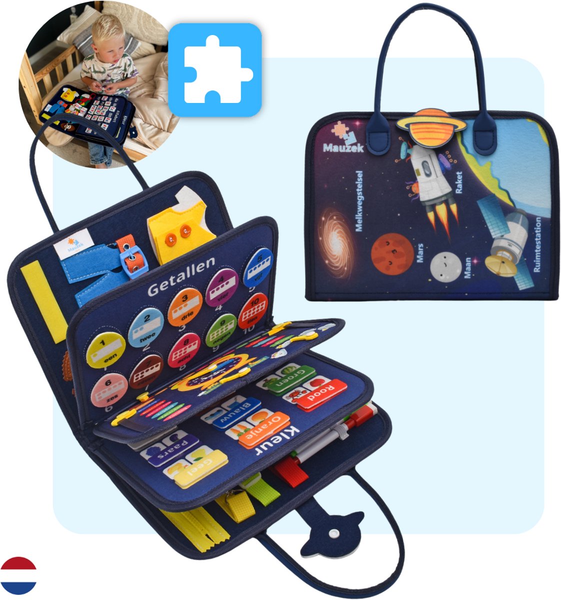 Mauzek® Busy Board Ruimte - Nederlands - Montessori Speelgoed - Activiteitenboek - Doeboek - Reisspeelgoed - Peuter Speelgoed - Jongens - Meisjes - Busy Book - Speelgoed voor onderweg - Speelgoed voor in de auto - 3 Jaar - 4 jaar - 5 jaar - 6 jaar