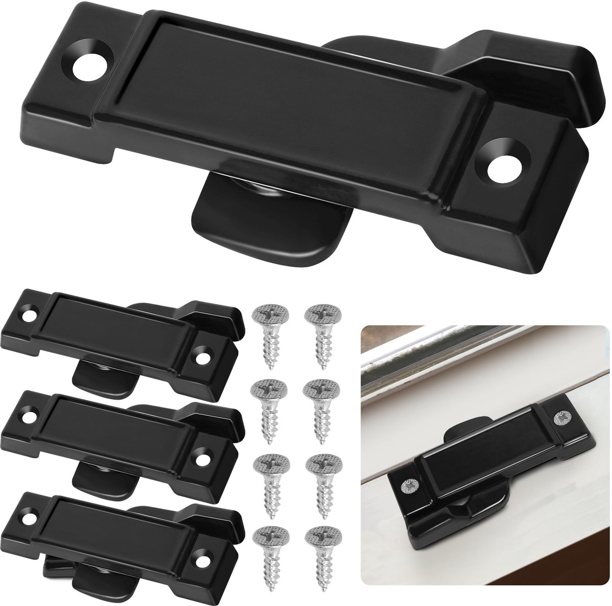 4-delige F2590 raamvervangingssloten - 2-1/4 inch montagegaten, middelste raamsloten met schroeven - zwarte raamsloten voor verticale schuiframen