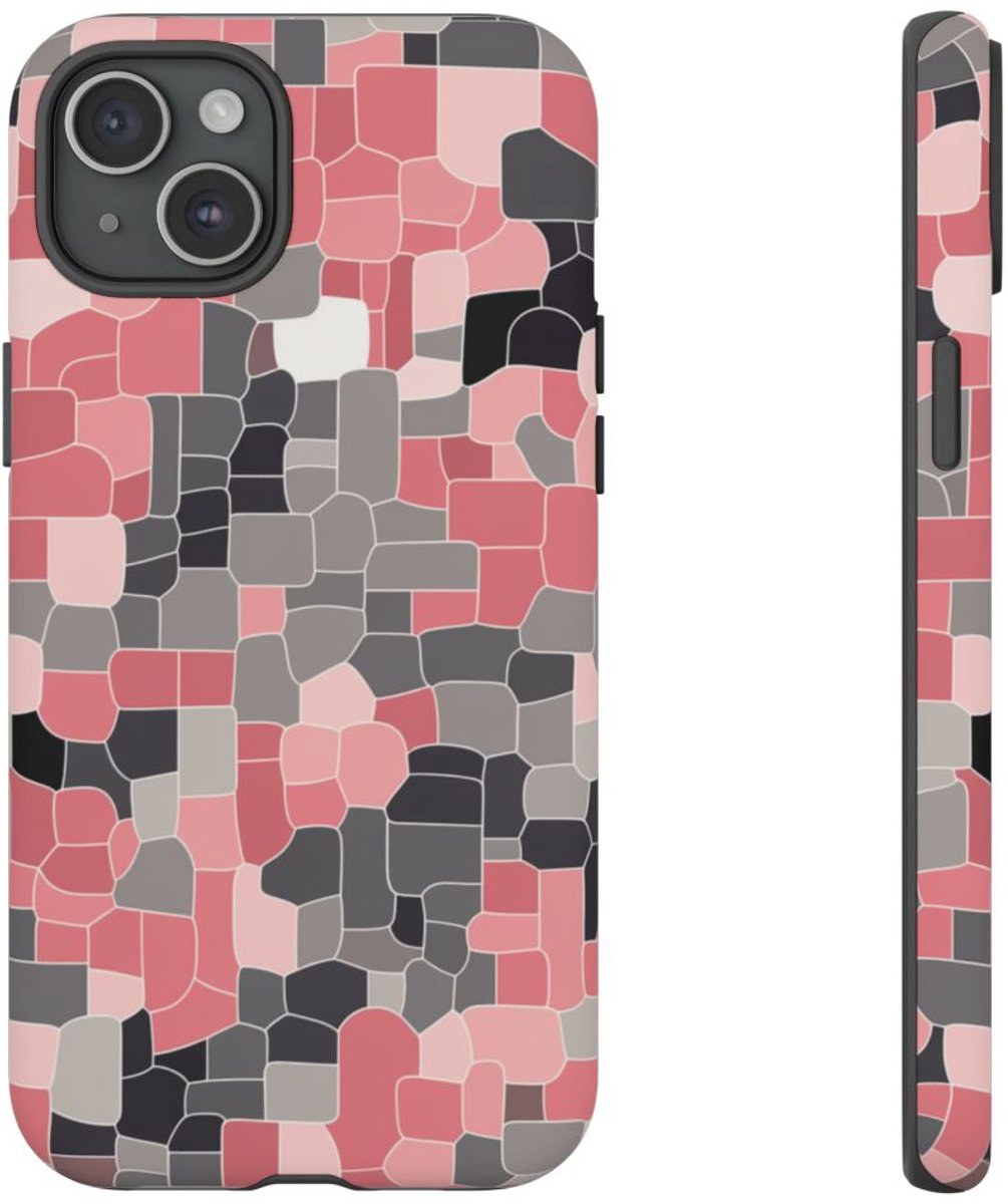 Abstract Roze en Grijs Geometrisch Patroon – Telefoonhoesje Geschikt voor iPhone 15 Plus