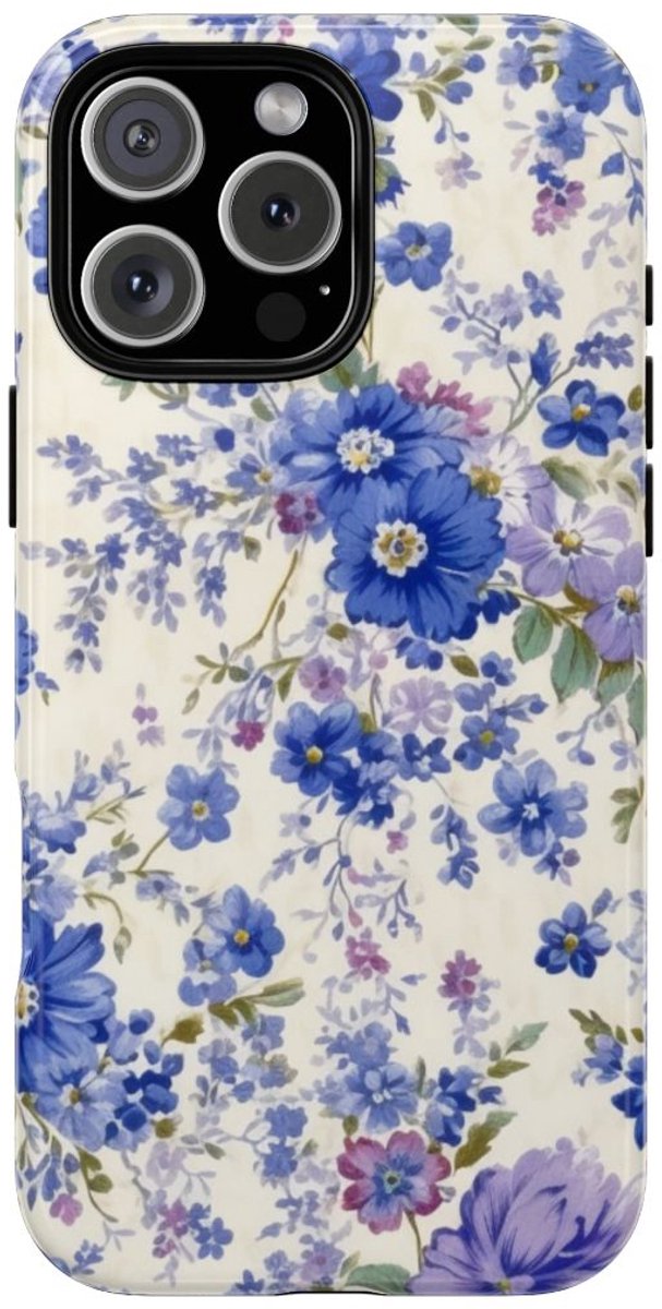 Blauw-Paars Bloemenpatroon – Telefoonhoesje Geschikt voor iPhone 16 Pro Max