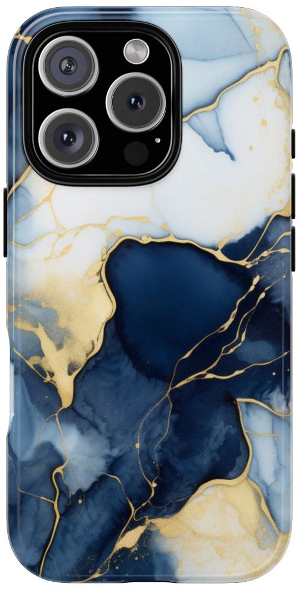 Diepblauw en Goud Abstract Inktpatroon – Telefoonhoesje Geschikt voor iPhone 16 Pro