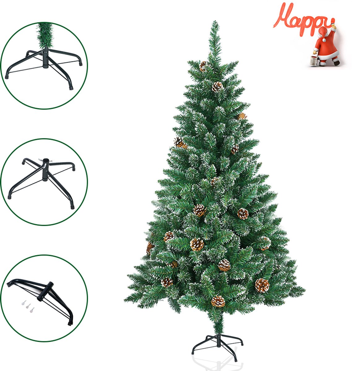 210cm Kunstkerstboom met lichtgevende groene PVC met sneeuweffect & dennenappels LED PVC kerstboom dennenboom decoratieve boom met standaard Kerstversiering voor kerstversiering