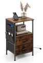 Tables de chevet avec station de charge – Table d'appoint industrielle avec 2 tiroirs, 6 compartiments latéraux, Portes USB et Prises électriques, brun rustique