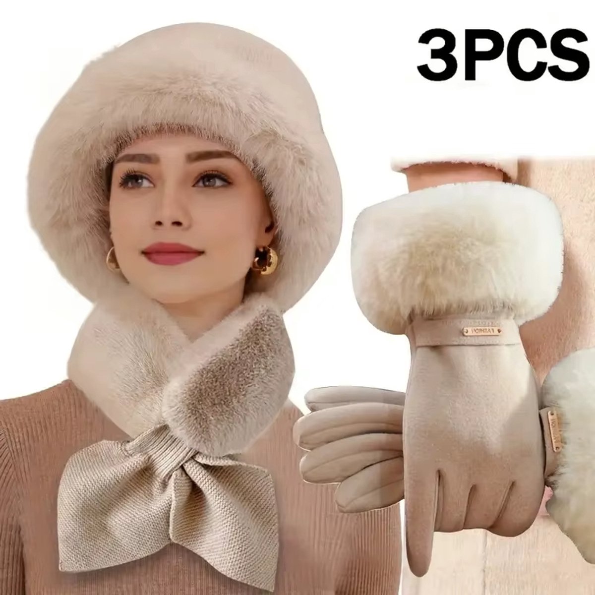 3-delige Winterset Dames – Warme Dikke Muts, Sjaal en Handschoenen Set met Bont | Winddichte Winteraccessoires voor Buitenactiviteiten & Kerstcadeau Vrouwen