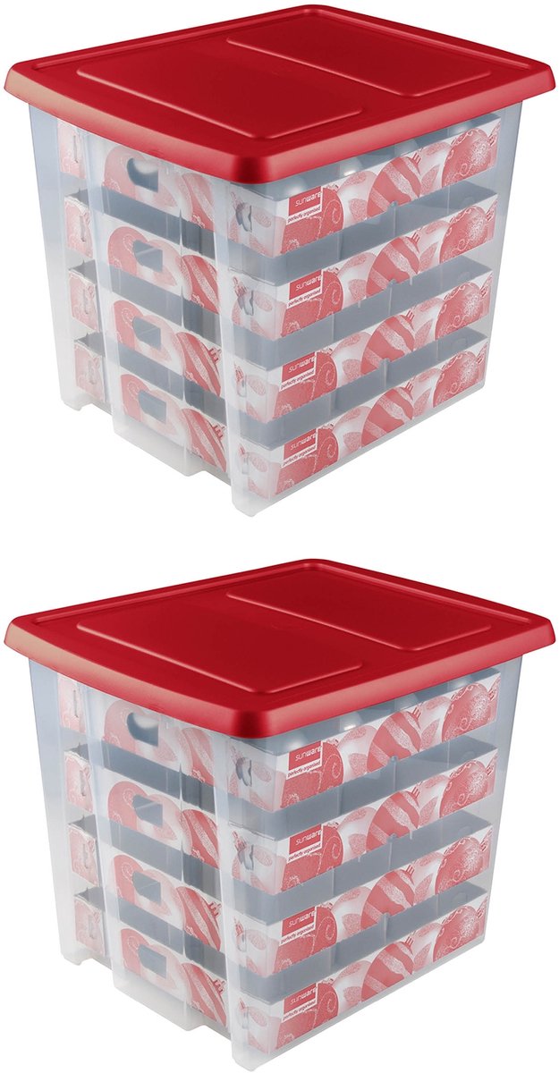 Nesta Kerstballen Opbergbox 45L - Set van 2 - Trays voor 64 kerstballen - Transparant/rood