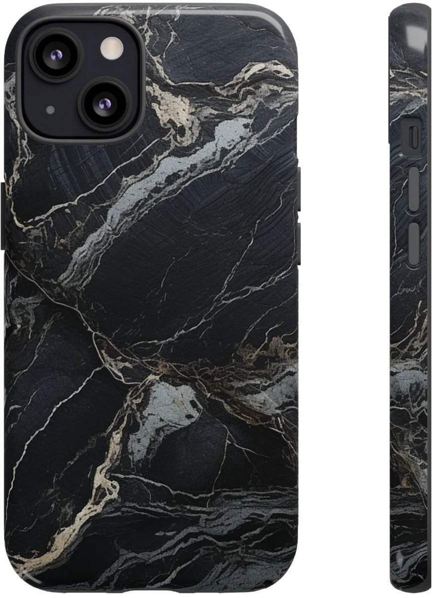 Zwarte Marmerstructuur met Witte Adering – Telefoonhoesje Geschikt voor iPhone 13