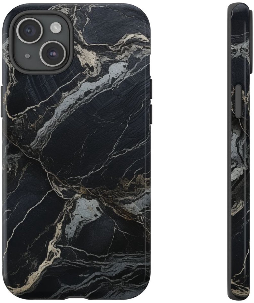 Zwarte Marmerstructuur met Witte Adering – Telefoonhoesje Geschikt voor iPhone 15 Plus