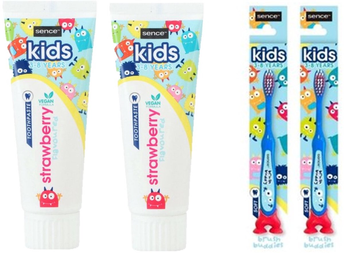 Sence Tandpasta Kids Aardbei - 2 x 75 ml & 2 Sence Kindertandenborstels Brush Bunnies - Voordeelpakket
