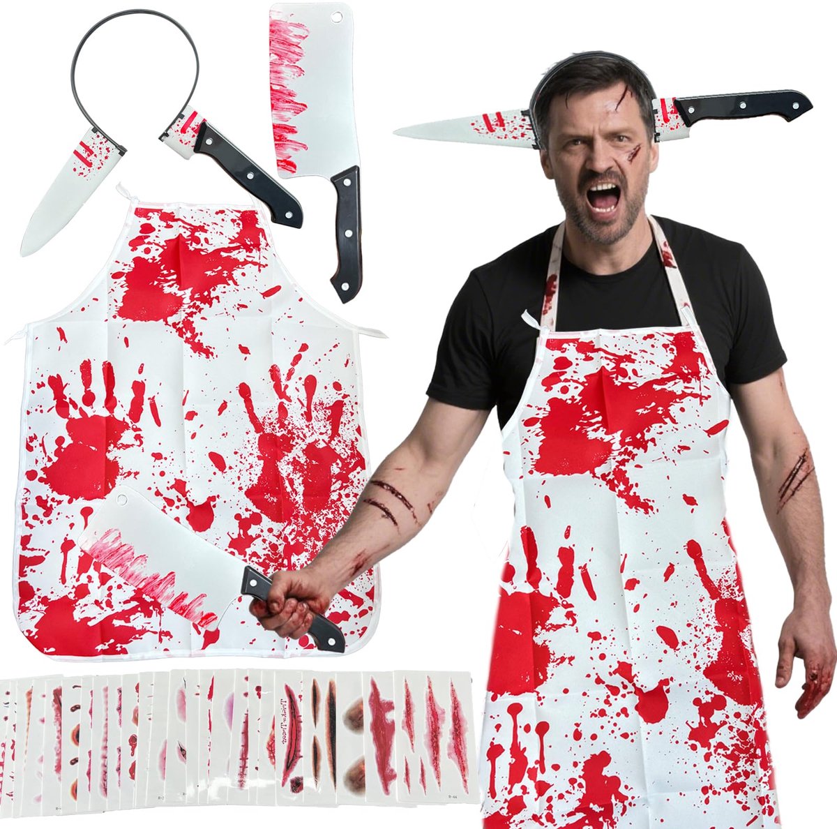 Halloween Kostuum Volwassenen - Halloween Horror Kostuum - Bloederige Schorten +Tatoeagesticker + Opblaasbare Kettingzaag- 4 Delig - One Size