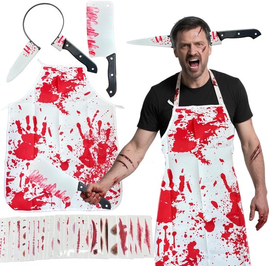 Halloween Kostuum Volwassenen - Halloween Horror Kostuum - Bloederige Schorten +Tatoeagesticker + Opblaasbare Kettingzaag- 4 Delig - One Size