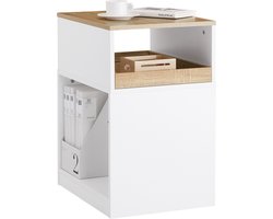 SoBuy ASK08-WN Printertafel met Verborgen Wielen – Rolcontainer met 3 Vakken & Uitneembare Lade – 40×65×50 cm, Wit/Natuur – Bureaukast op Wieltjes