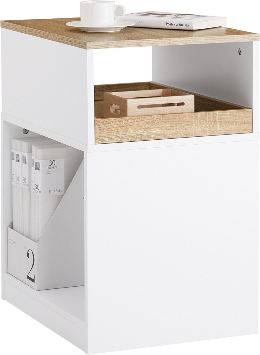 SoBuy ASK08-WN Printertafel met Verborgen Wielen – Rolcontainer met 3 Vakken & Uitneembare Lade – 40×65×50 cm, Wit/Natuur – Bureaukast op Wieltjes