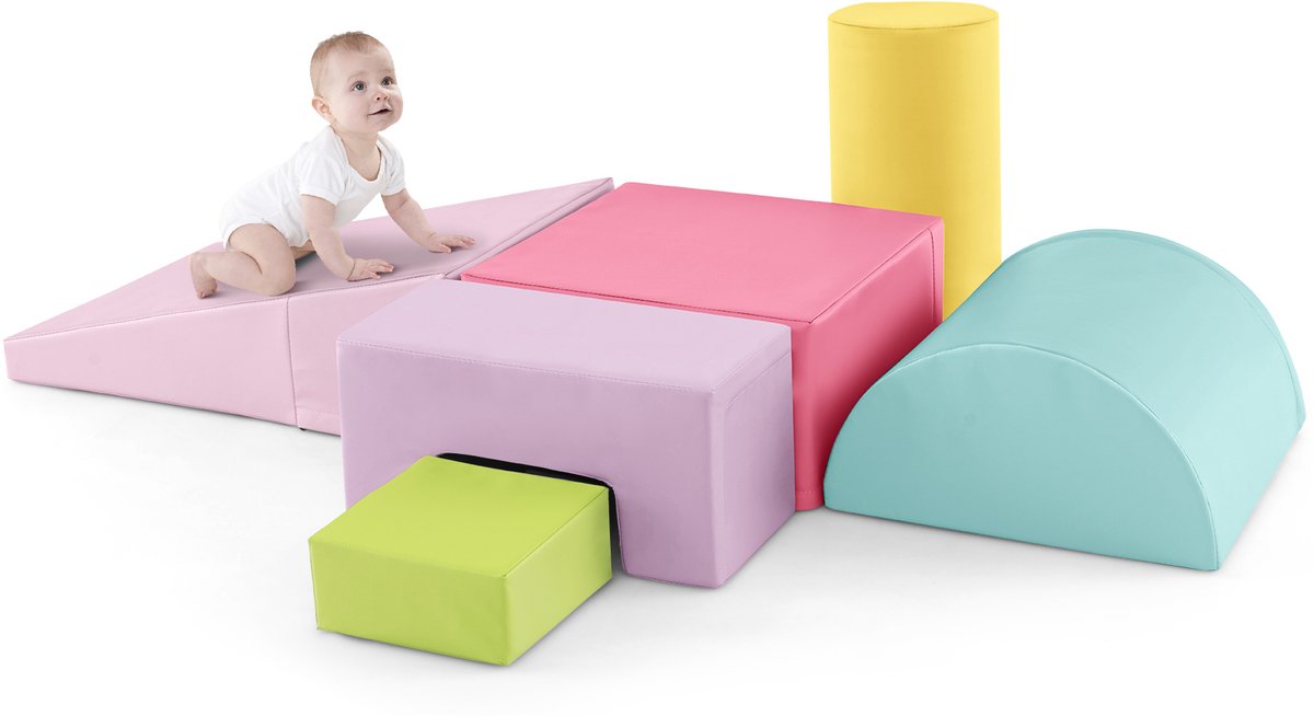 COSTWAY Schuimbouwstenen, reuzenbouwstenen om te ravotten en te klimmen, zachte schuimbouwstenen, grote bouwstenen, meerkleurig, voor kleuters, baby's en schoolkinderen, 6 stuks