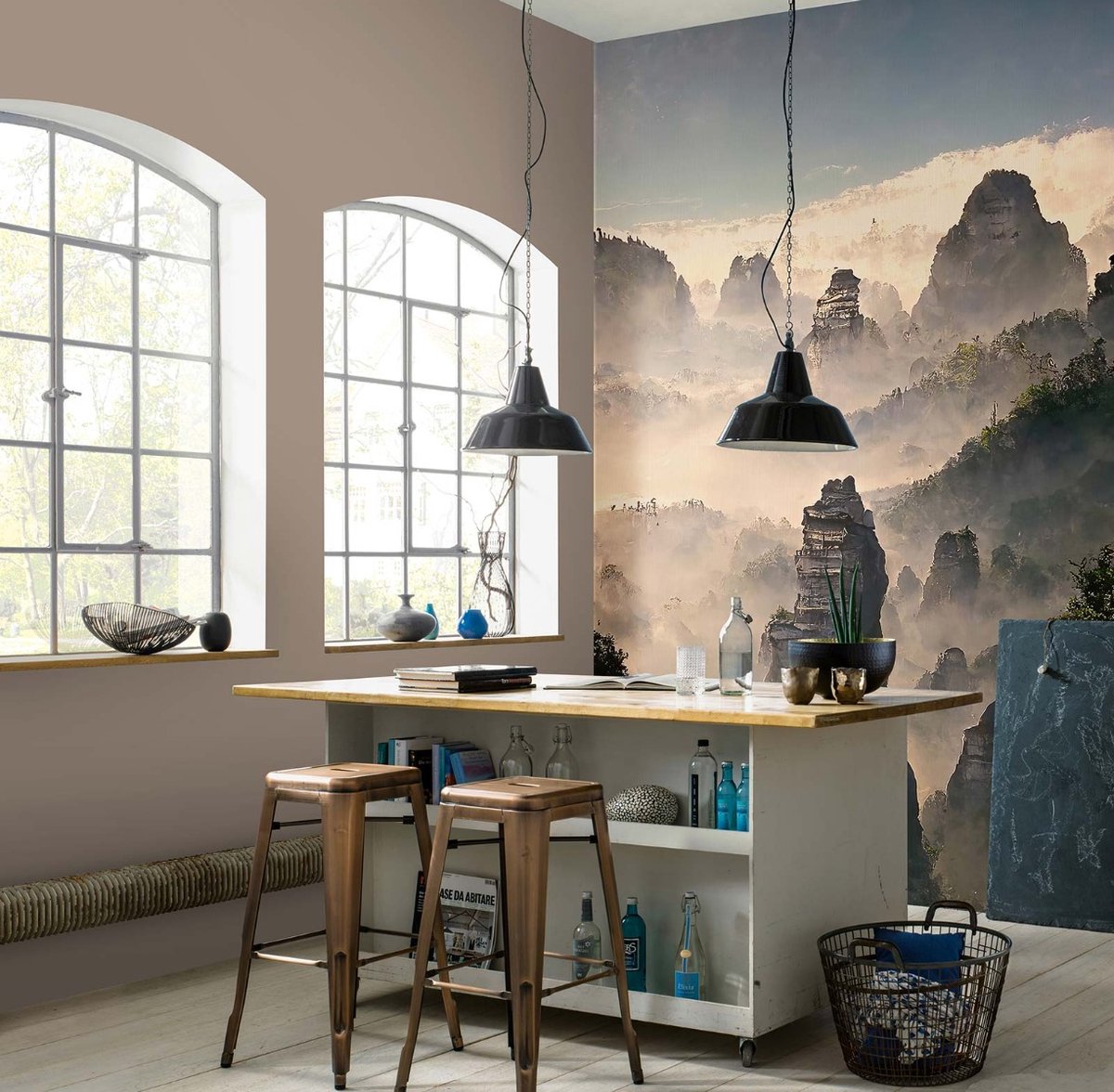 Landschapsmotief vliesbehang in beige