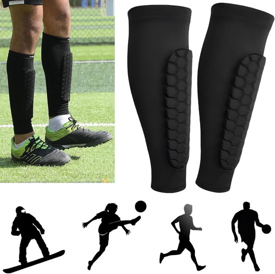 Kuitbeschermers - 1 paar scheenbeschermers - EVA siliconen antislip - Honingraat beenmouwen - Verstelbaar - Beschermende kuitmouwen voor kinderen/volwassenen - Ideaal voor voetbal, taekwondo, mountainbiken, enz. - Bovenomtrek 28-34 cm - L - Zwart