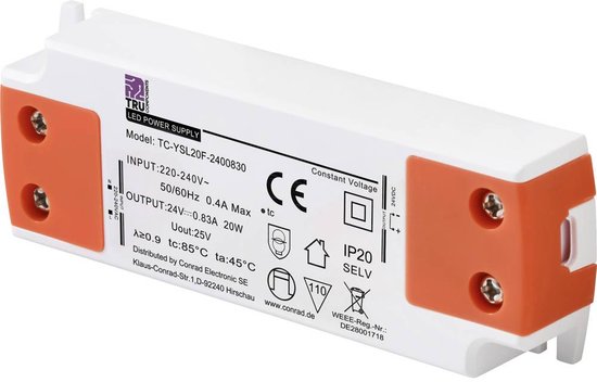 Transformateur LED TRU COMPONENTS TC-YSL20F-2400830 Tension constante 20 W 0,83 A 24 V/ DC Convient pour les meubles, les surtensions