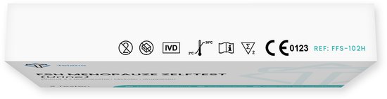 Zijkant verpakking Telano FSH Menopauze Zelftest. CE0123 IVD 30°C.