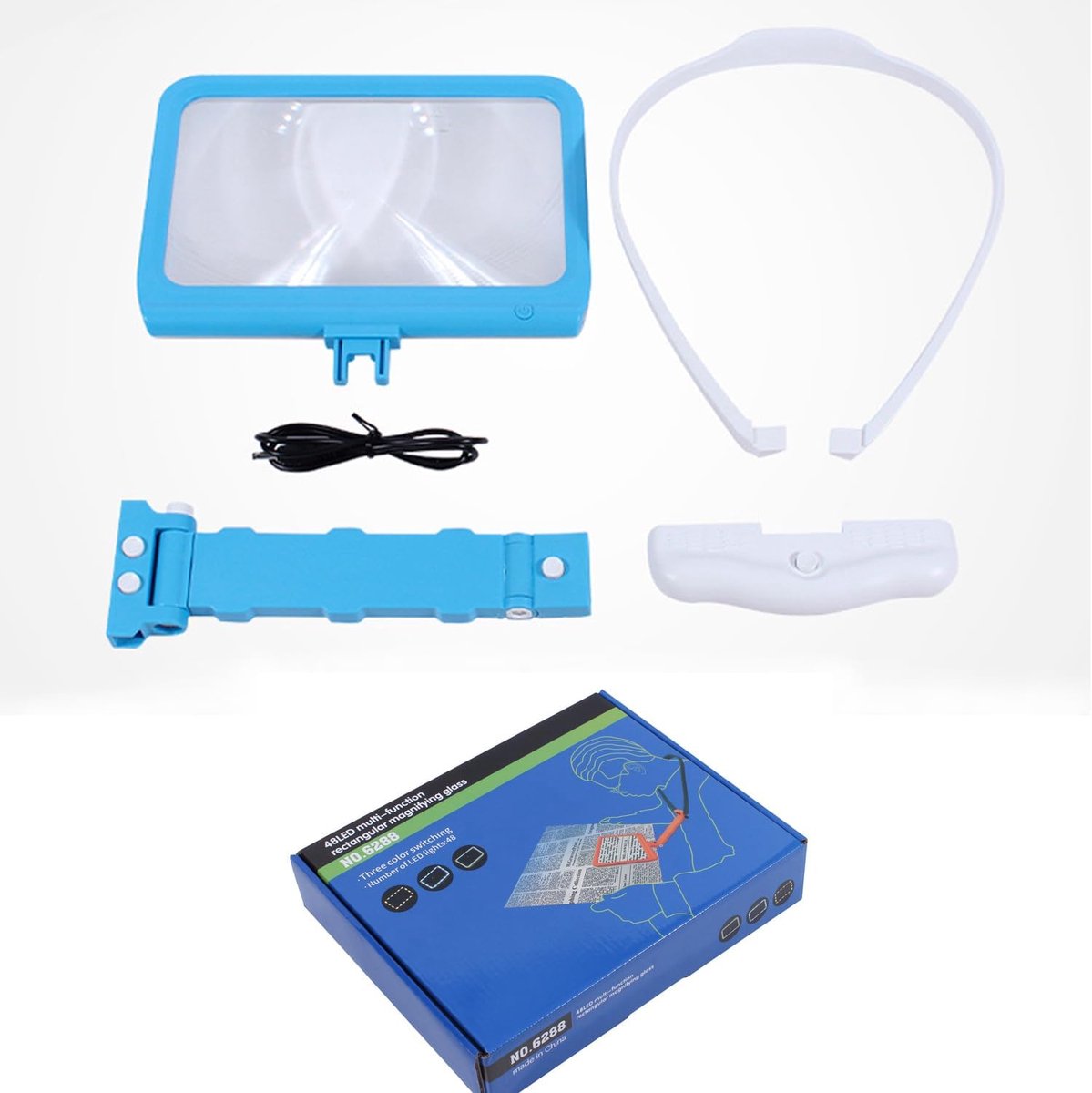 Vergrootglas met licht en standaard om om te hangen, 5 x rechthoekige loepbril, 48 leds, USB-leesloep voor senioren, groot, vergrotingsglas bij slecht zicht voor lezen, knutselen