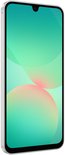 Witte Samsung smartphone, schuin van voren getoond, met een druppelvormige inkeping en een opvallend scherm.