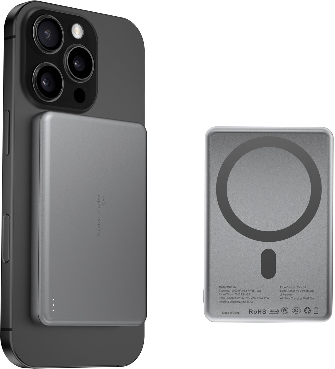 Erikssøn Core MagSafe Powerbank - 10000 mAh – Incl. Usb-C kabel , LED Indicator - Draadloze Powerbank - Geschikt voor iPhone 12/13/14/15/16 - Noodpakket - Zwart - Erikssøn - €29,99