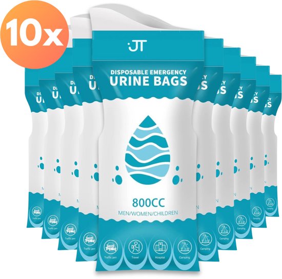 JT Products Plaszak 800 ml 10 Stuks - Toiletemmer - Tot 1000 ml In Nood - Geurloos en Lekvrij - Wegwerp Urinaal met Absorberende Gel - Plaszakken voor Vrouw en Mannen - Noodgevallen - Noodtoilet - Plaszakjes voor Onderweg - met Plastuit - Uribag