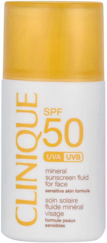 Witte fles met gele dop van Clinique mineraal zonnebrandfluïde voor het gezicht met SPF 50.