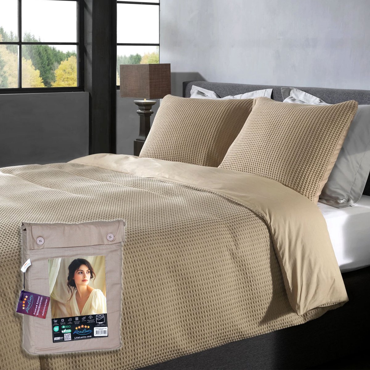 Wafel Dekbedovertrek – LitaLente Taupe – 100% Katoen – 140x220 cm – Luxe & Ademend – Inclusief 1 Kussenslopen 60x70 cm – Hotelkwaliteit – Krimpvrij & Duurzaam – Geschikt voor Dekbed 140x220 cm