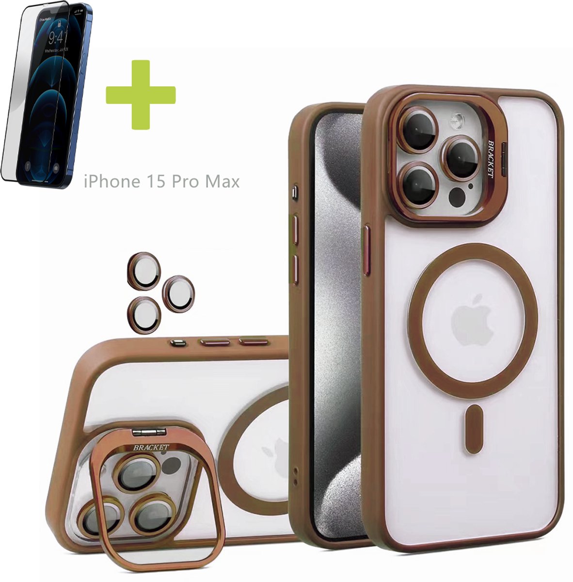 Standaards Hoesje voor iPhone 15 Pro Max, Compatibel met MagSafe Hoes, Acryl + TPU Case met Metaal Camerafolie, Transparant, Goud - Screenprotector