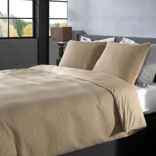 Housse de couette gaufrée – LitaLente Taupe – 100 % Katoen – Luxe et respirante – Comprend 2 Taies d'oreiller 60 x 70 cm – Qualité hôtelière – Infroissable et résistante – Convient aux Dekbed de 200 x 220 cm